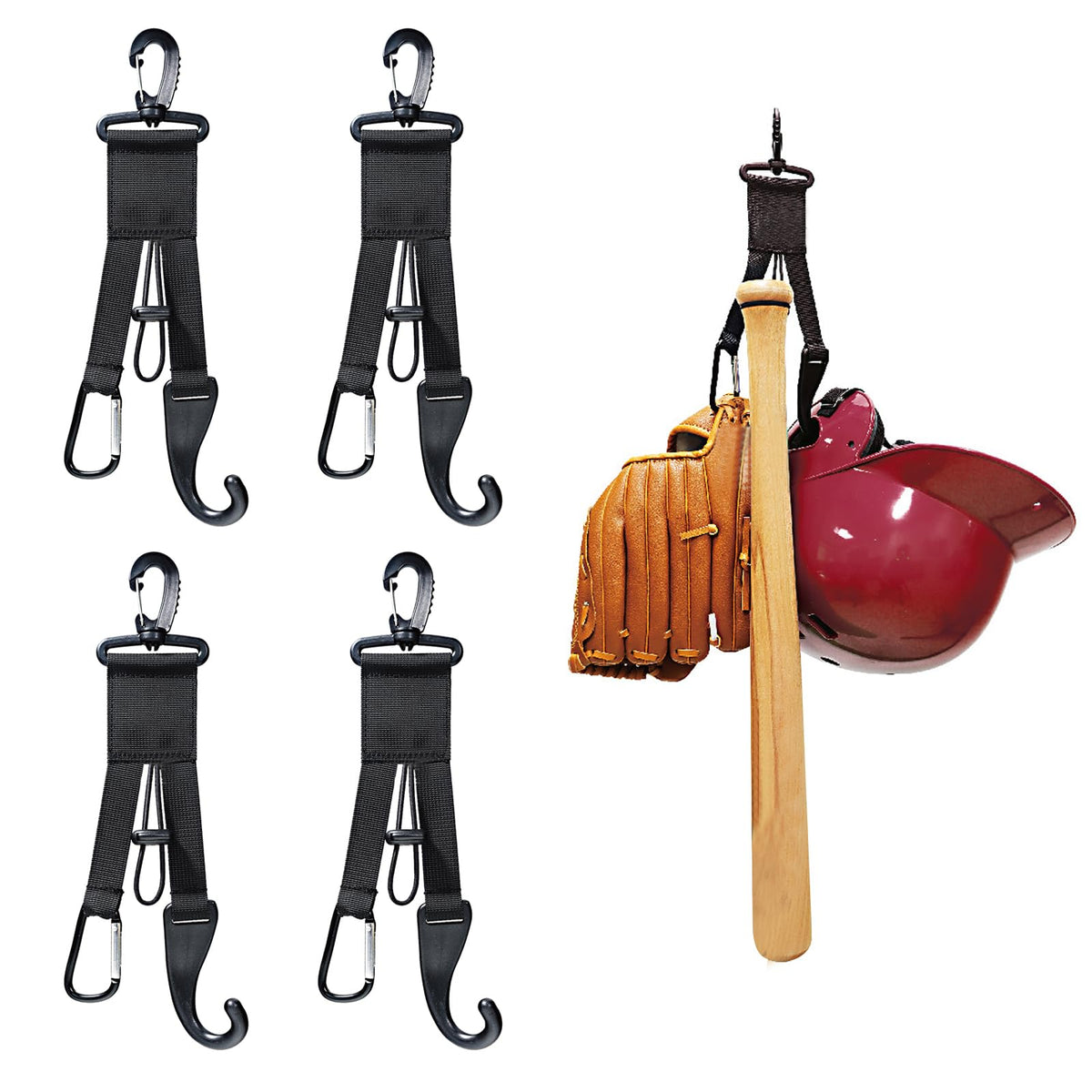 AJFHKJ Baseball Softball Gear Hanger Dugout Organizer -Multipurpose Hanging Buckle Metal Hangers for Hold Outdoor Sports Equipment Camping Gloves Helmets Bats Water Bottle Holder (Black 4Pcs)