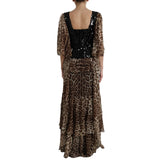 Dolce & Gabbana Leopard Print Silk Sequin Ruffle Maxi Dress