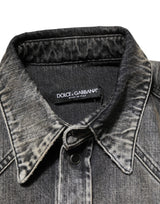 Dolce & Gabbana Black Washed Cotton Snap Long Sleeve Casual Shirt