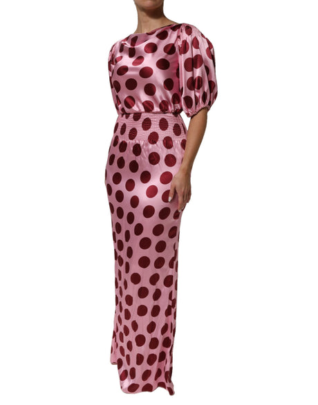 Dolce & Gabbana Pink Red Polka Dot Silk Satin Maxi Gown Dress