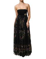 Dolce & Gabbana Black Floral Key Print Crystal Strapless Dress