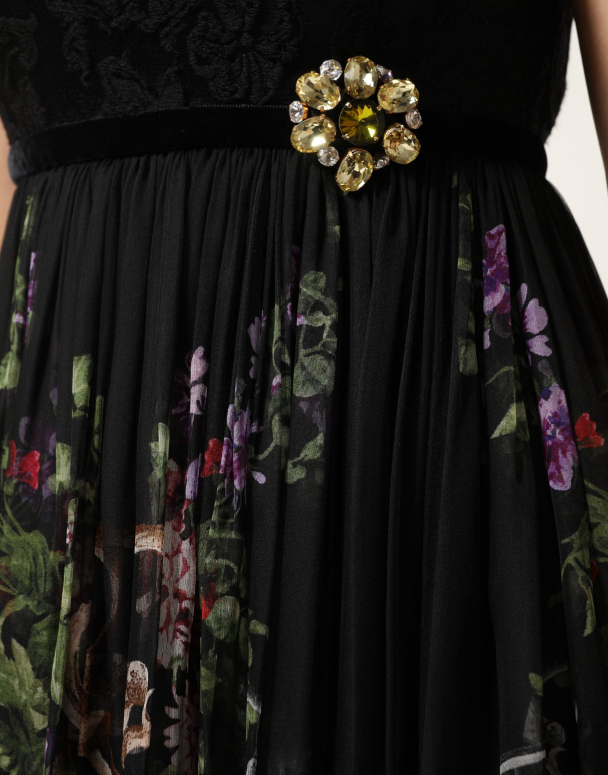 Dolce & Gabbana Black Floral Key Print Crystal Strapless Dress