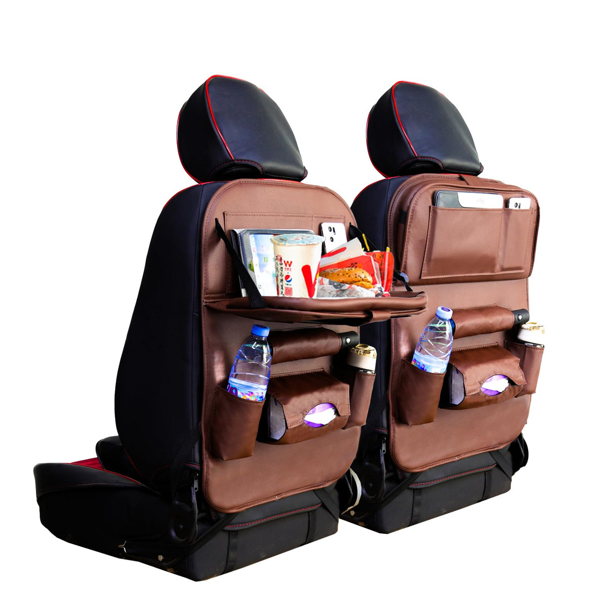 EAQ PU Leather Backseat Car Organizer (2 PCS) - Back Seat Organizer for Kids Featuring a Foldable Table Tray That Holds Touch Tablets. Ideal Car Travel Accessories Brown