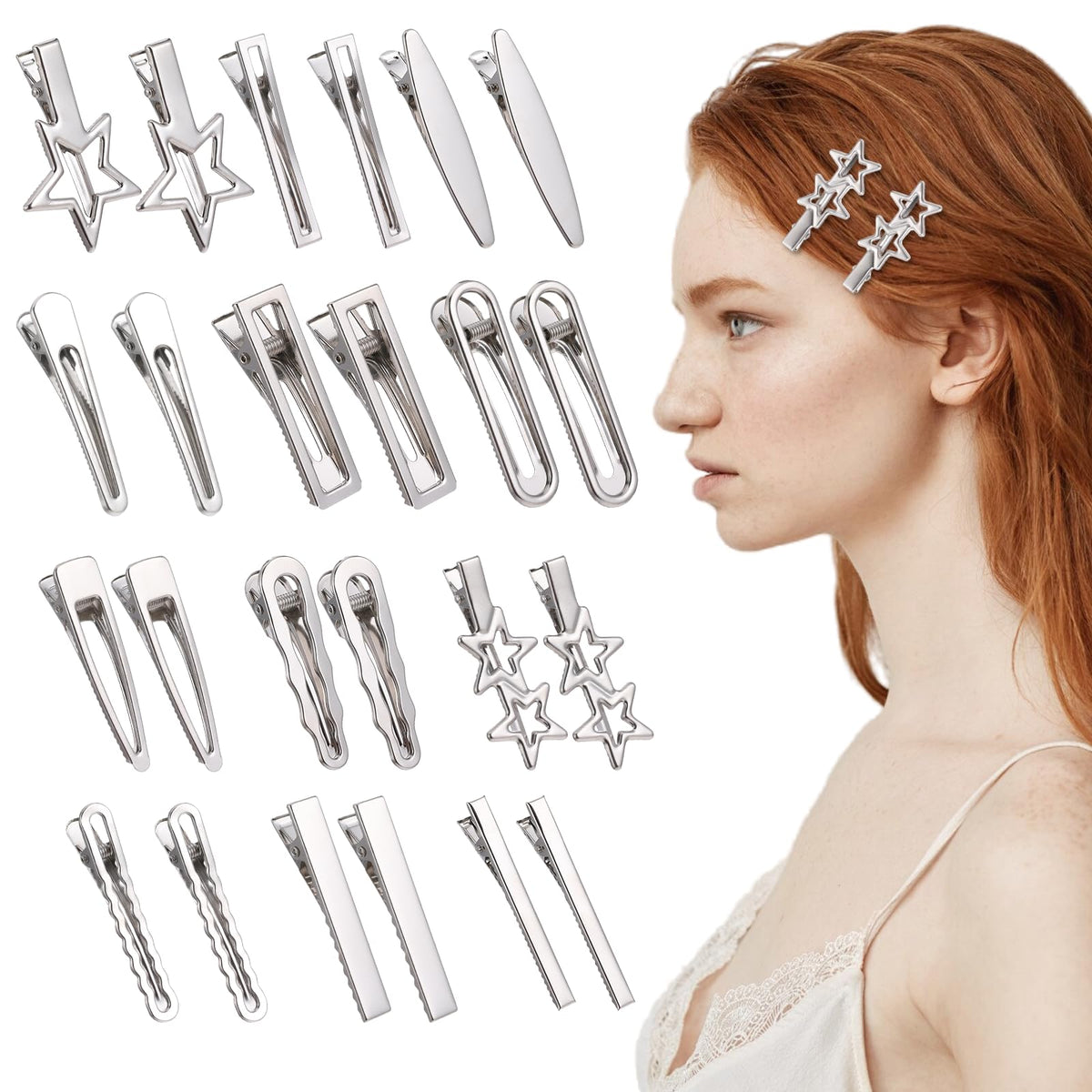 Giantree 24 Pcs Silver Hair Clips Set Metal Hair Barrettes for Women Alligator Hair Clips Non Slip Wave Star Hair Clips for Women Girls Y2K Hair Accessories