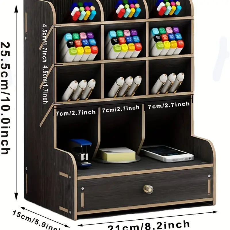 Multi-Functional Wooden Desk Organizer with Drawer