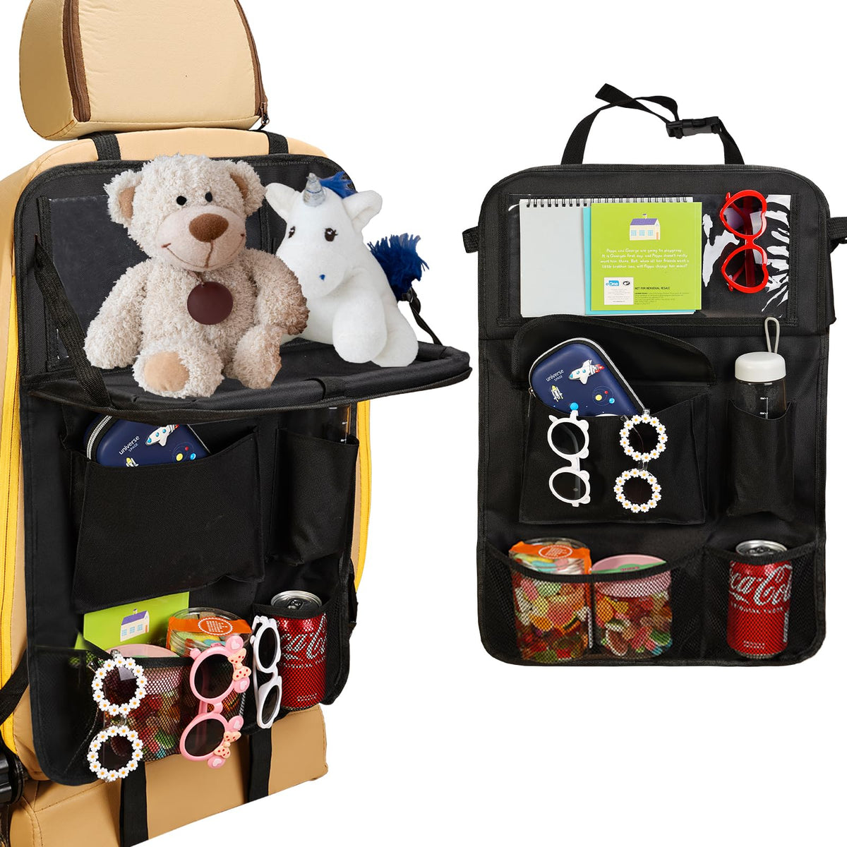 ENOCHT Backseat Car Organizer with Tray Waterproof Car Organizer for Kids 7 Storage Pockets Kick Mats Back Seat Protector for Car Travel Black Accessories Organizer