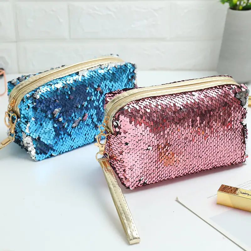 Portable Sequin Makeup Organizer Bag with Zipper Closure