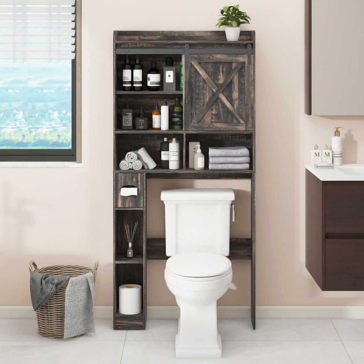 Over The Toilet Storage Cabinet Farmhouse Storage Cabinet Over Toilet with 2 Barn Doors & Toilet Paper Holder Stand，Home Space-Saving Toilet Rack for Bathroom Restroom
