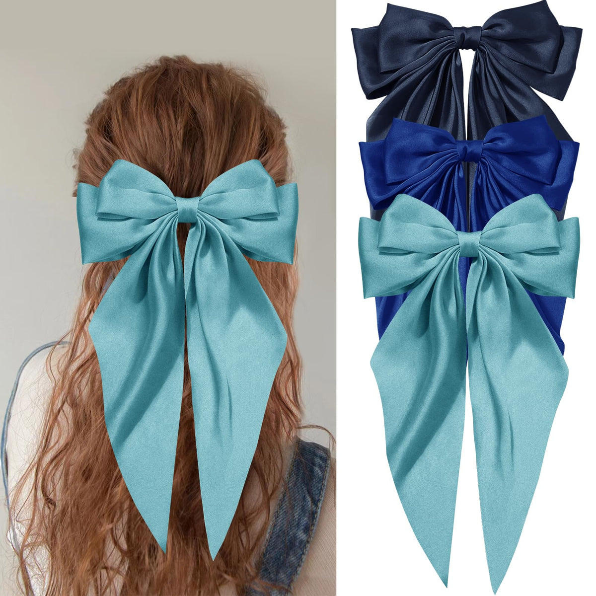 Hair Bows for Women Girls Silky Satin Big Bows Hair Barrettes Oversized Hair Accessories Long Tail Hair Ribbons -3Pcs -Sky blue & Royal blue & Navy blue
