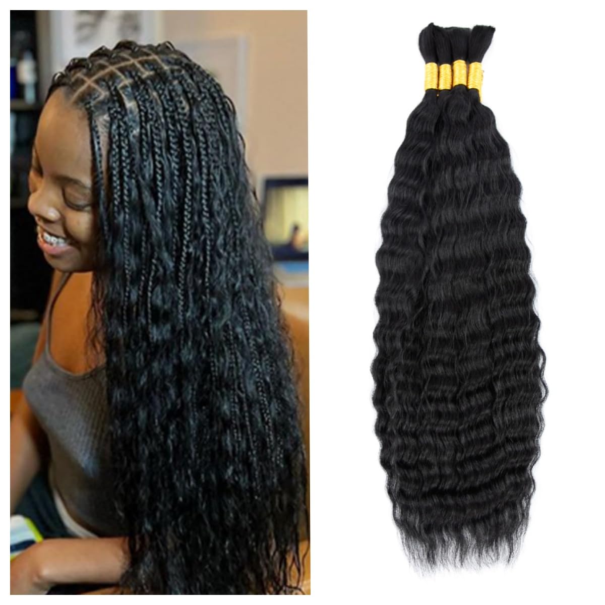 ZVBULK Super Wave Bulk Human Hair Wet and Wavy Braiding Hair - French Braiding Hair No Weft 100% Virgin 100g (1Pack-4PCS) Boho Braids (Natural Black 22 Inch)