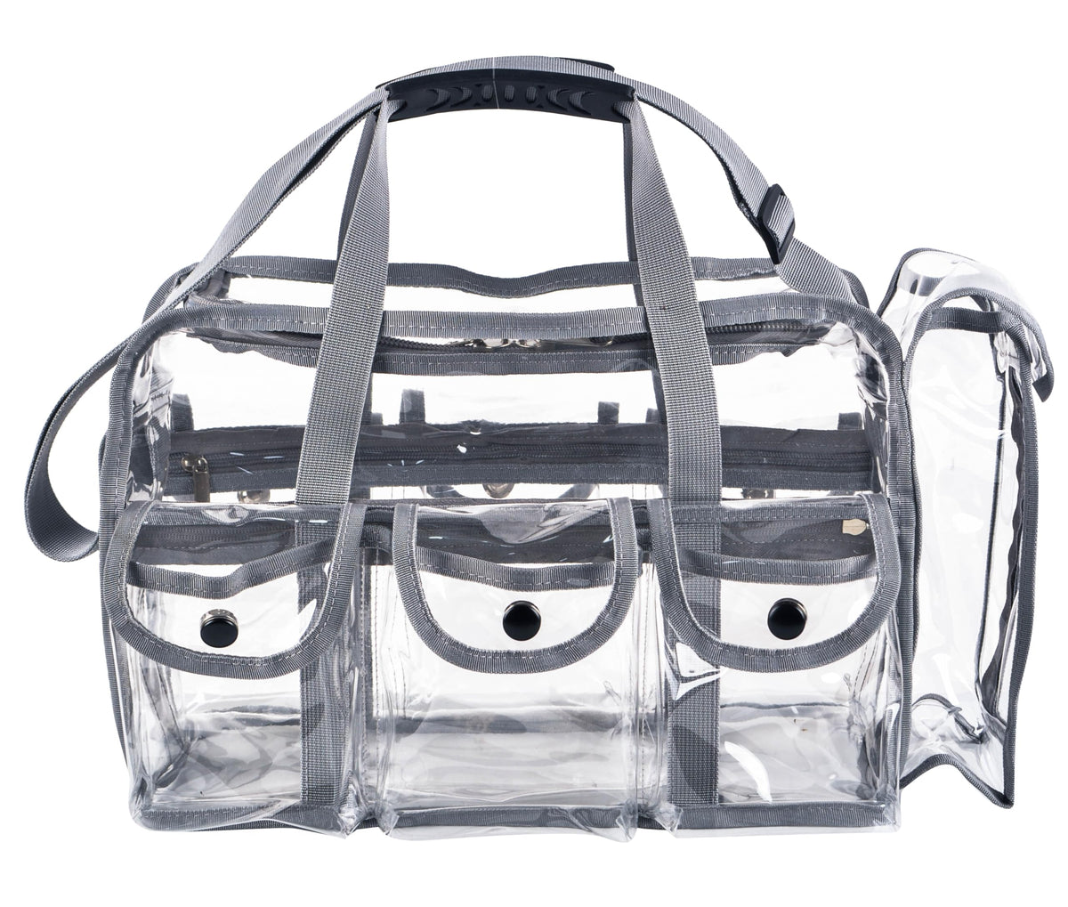Wide Mouth Large Professional Clear PVC Travel Makeup Artist Set Bag Cosmetic Nails Beauty Bag Transparent Vinyl Tool Organizer Work Bag Beach Bag Diaper Bag with 6 External Pockets & Strap (Grey)
