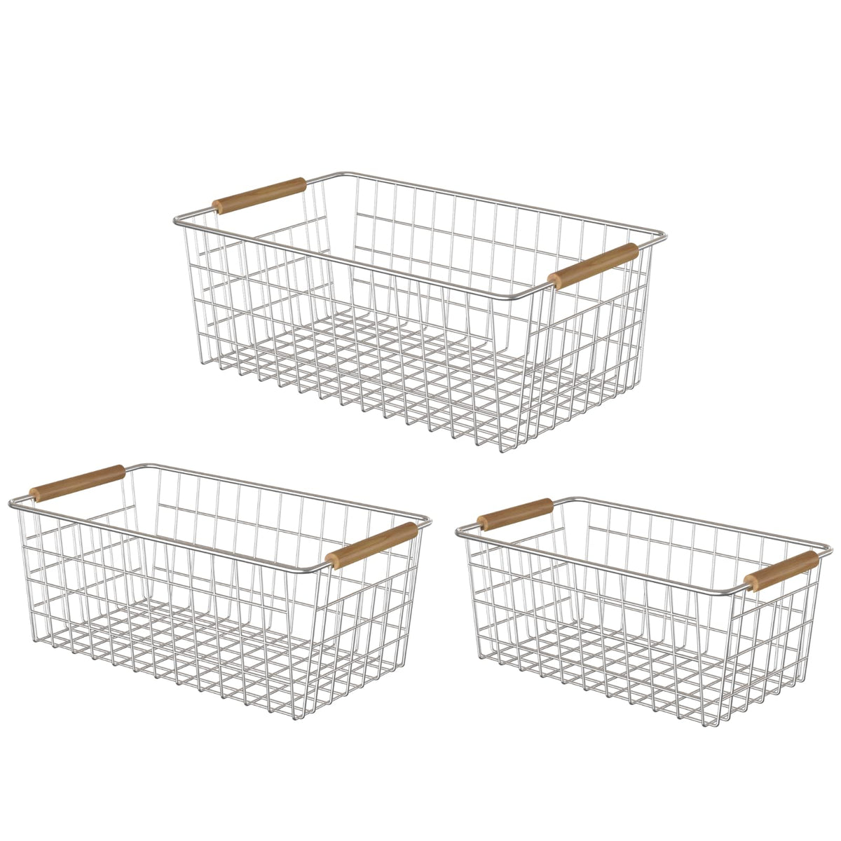 YOUVIP 3 Pack Wire Storage Baskets for OrganizingHousehold Pantry Storage Freezer Baskets with Wooden HandlesMetal Storage Baskets for Bathroom Laundry Garage，Sliver