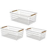 YOUVIP 3 Pack Wire Storage Baskets for OrganizingHousehold Pantry Storage Freezer Baskets with Wooden HandlesMetal Storage Baskets for Bathroom Laundry Garage，Sliver