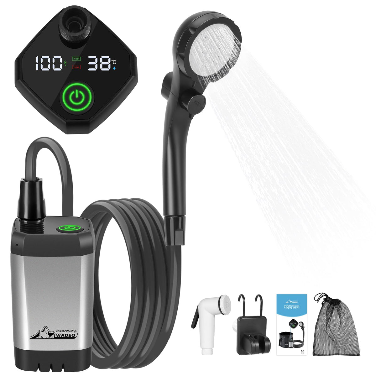 WADEO Portable Shower for Camping 6000mAh Outdoor Electric Shower Rechargeable Pump with Intelligent Digital Display Camping Shower Head Nozzle for Camping Hiking Traveling Washing