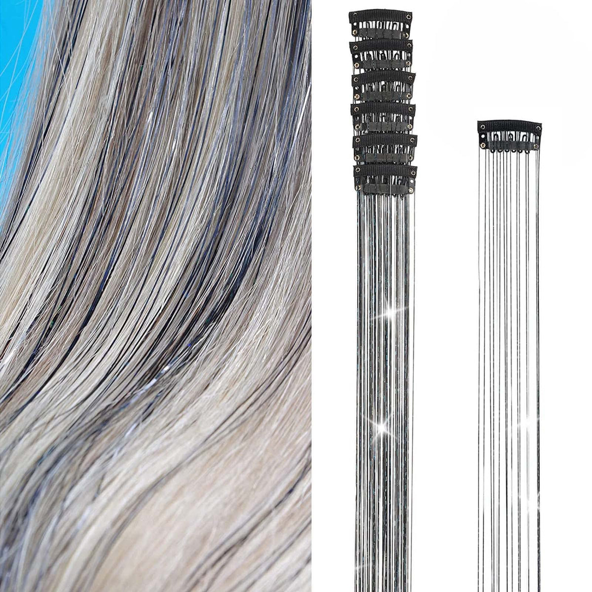 Hair Tinsel Clip in Tinsel Hair Extensions Black Fairy Glitter Hair Tinsel Kit for Women Heat Resistant 21.5In 6Pcs Festival Hair Accessories for Party Christmas New Year Halloween Cosplay
