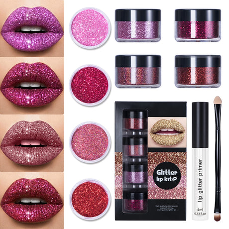 LOKFAR 4 Colors Glitter Lip Kit Shiny Diamond and Metallic Lip Glitter Makeup Lipstick Lip Gloss Glitter Lipstick Waterproof & Long Lasting Lip makeup Powder Set for Lips Nails Art(Set A Warm Color)