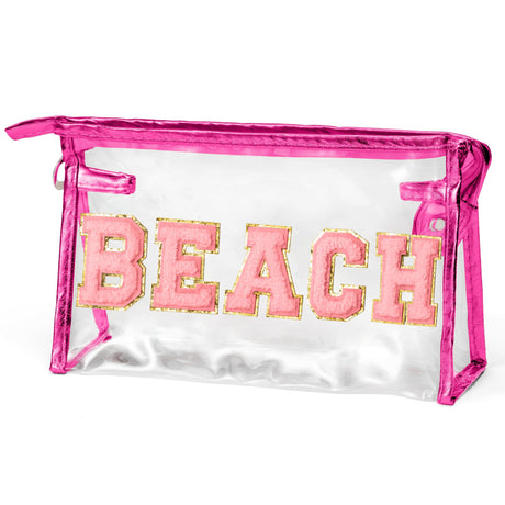 Belanttega Preppy Patch Cosmetic Bag - Preppy BEACH Chenille Varsity Letter Toiletry Bag Transparent PVC Makeup Bag Waterproof Portable Travel Bag Valentines Day Gifts for Women Girls