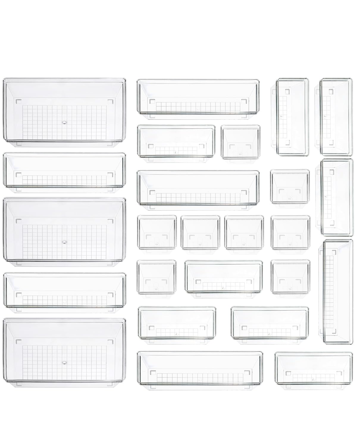 Clear Plastic Drawer Organizer Storage - 25Pcs 4 Size Desk Bathroom Kitchen Organizers and Accessories Office Organization Vanity Stackable Drawers Bins Trays Containers Dividers Makeup Sets