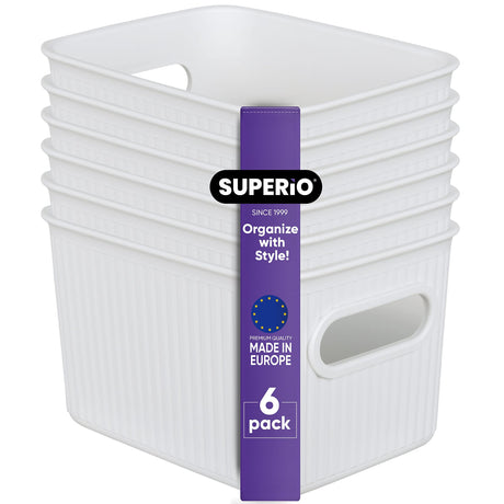 Superio Ribbed Collection - Decorative Plastic Open Home Storage Bins Organizer Baskets Small White (6 Pack) Container Boxes for Organizing Closet Shelves Drawer Shelf 1.5 Liter