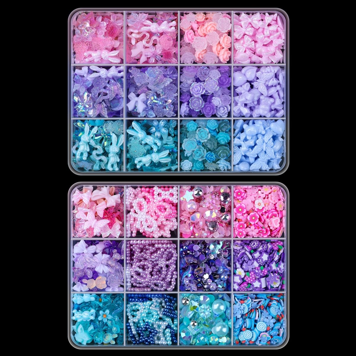 Umillars 700pcs 3D Resin Nail Art Charms with 1350pcs Special Shape Nail Flatback Rhinestones Nail Art Slices Acrylic Hollow Beads Nail Sequins Mini Flowers for Nail Art Designs(Pink+Blue+Purple)