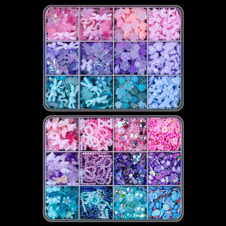 Umillars 700pcs 3D Resin Nail Art Charms with 1350pcs Special Shape Nail Flatback Rhinestones Nail Art Slices Acrylic Hollow Beads Nail Sequins Mini Flowers for Nail Art Designs(Pink+Blue+Purple)