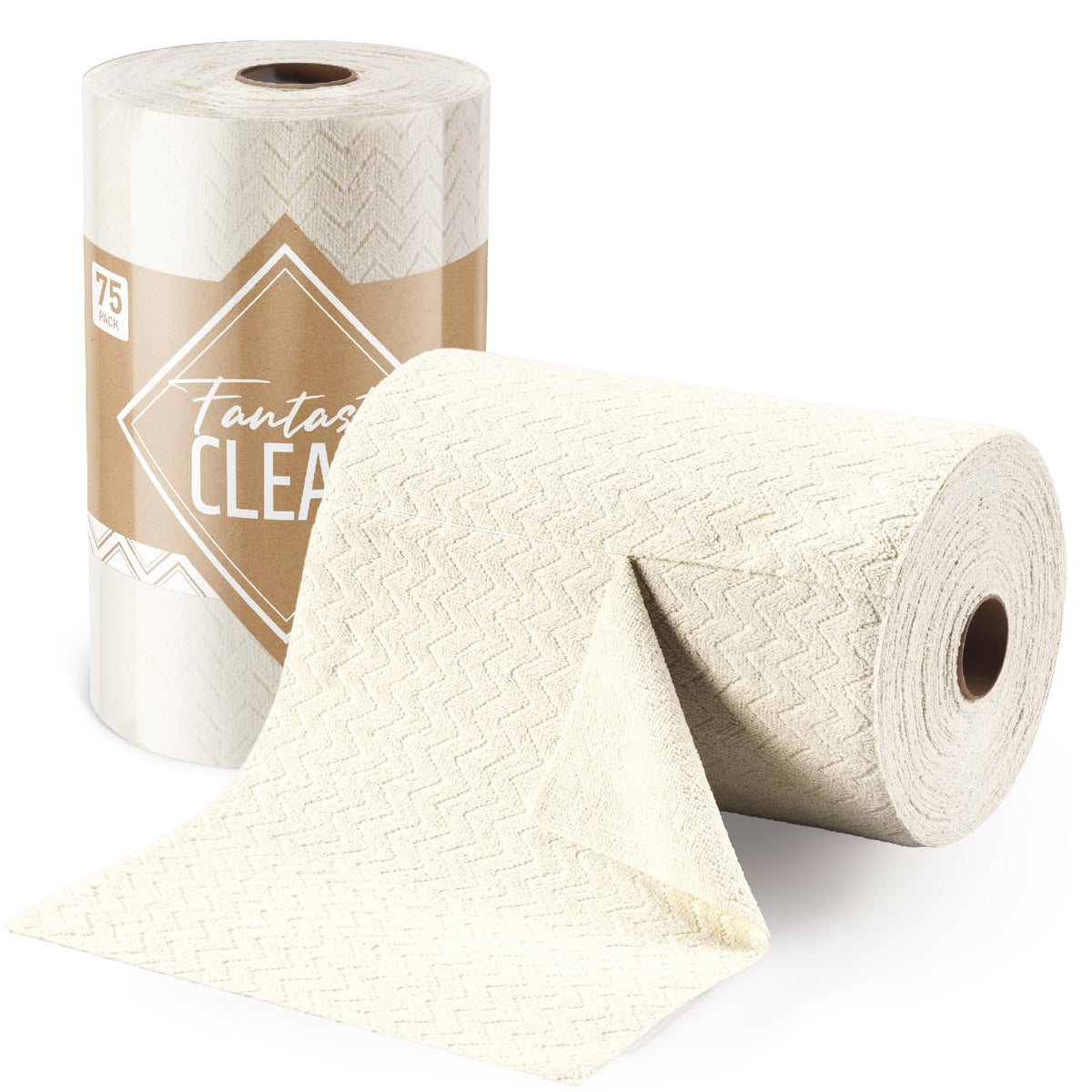 Fantasticlean Microfiber Cleaning Cloth Roll -75 Pack Tear Away Microfiber Towels 12" x 12" Reusable Washable Scratch Free Ultra Absorbent Dish Rags for Car Home Garage or Shop (Beige Ripple)