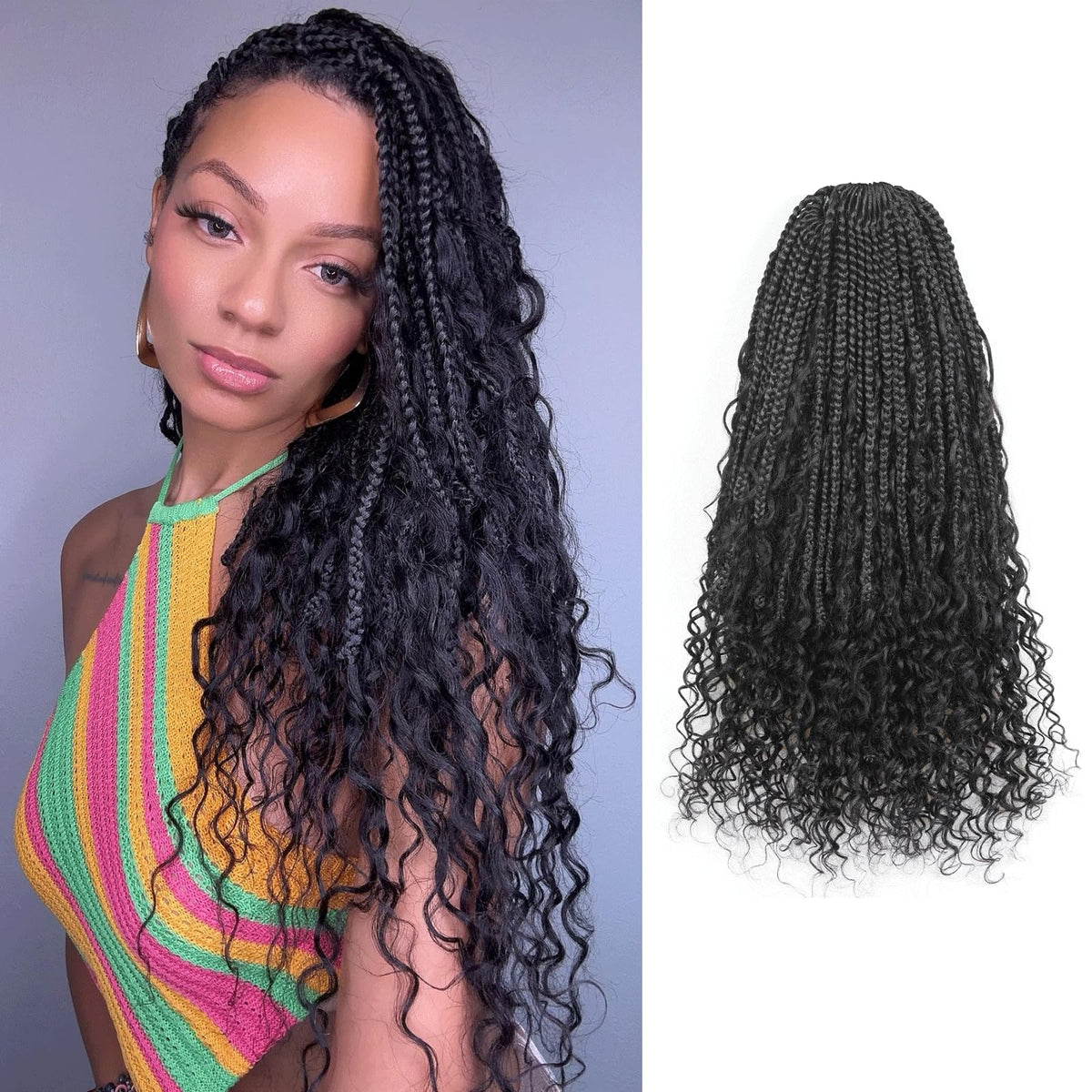 Toyotress Boho Box Braids With Human Hair Curls - 16 Inch 8 Packs (96 Strands) Handmade Pre-Looped Crochet Human Hair Boho Box Braids Natural Black CrochetBraids Braiding Hair (16 Inch 8P-1B)