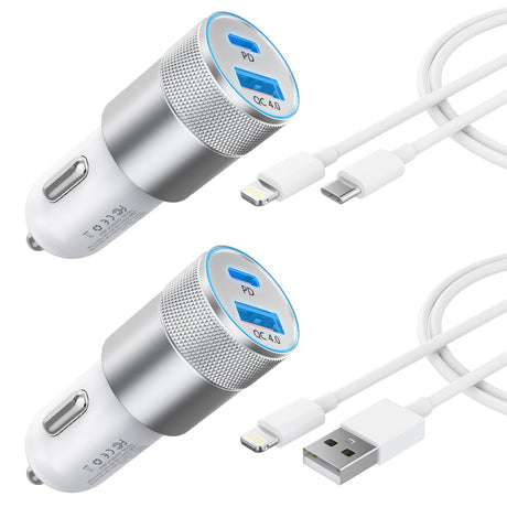 Car Charger [Apple MFi Certified] 48W Cigarette Lighter iPhone Car Charger Fast Charging with USB-A and USB-C to Lightning Cable for Carplay Car Accessories for iPhone/iPad/Airpods and More