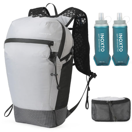 IX INOXTO Foldable Hydration Backpack with Two 500ML Flasks 16L Lightweight Hiking Daypack Waterproof Hydration Packs for Men and Women Outdoor Hiking Travel and Running (grey)