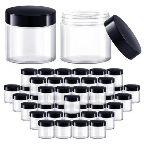 6 OZ Plastic Jars with Lids Elumeiro 48 Pack Clear Cosmetic Container Jas with Black Lids Small Jars with Lids for Lotion Cream Powder Ointments Makeup Eye Shadow Rhinestone Sample