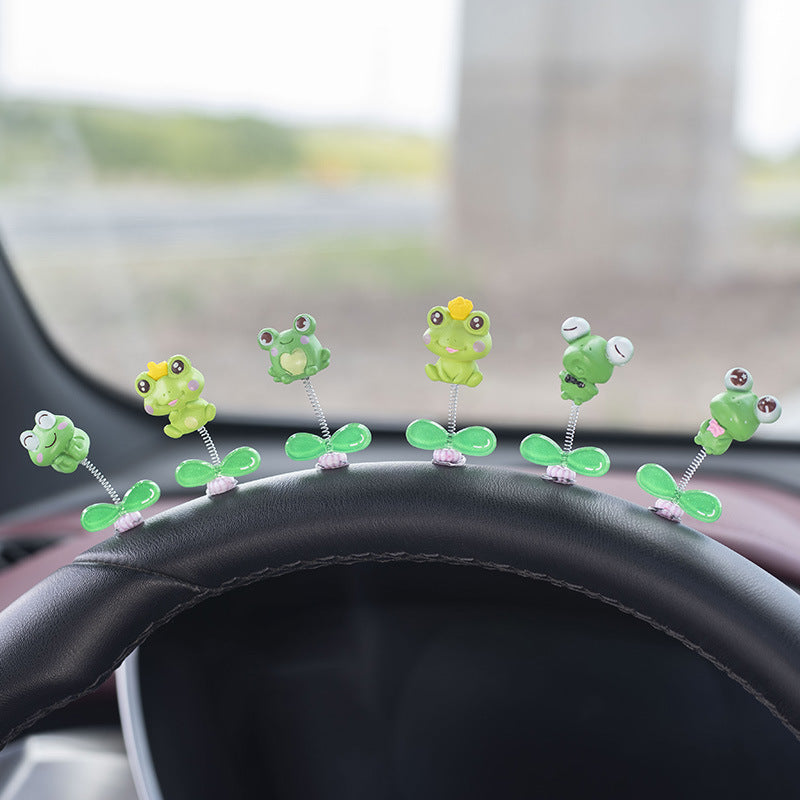 Frog Car Dashboard Bobblehead Decoration with Green Leaves