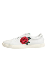 Dolce & Gabbana White Leather Rose Embroidery Low-Top  Shoes