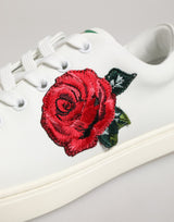 Dolce & Gabbana White Leather Rose Embroidery Low-Top  Shoes