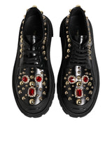 Dolce & Gabbana Black Leather Jeweled Crystals Derby Shoes