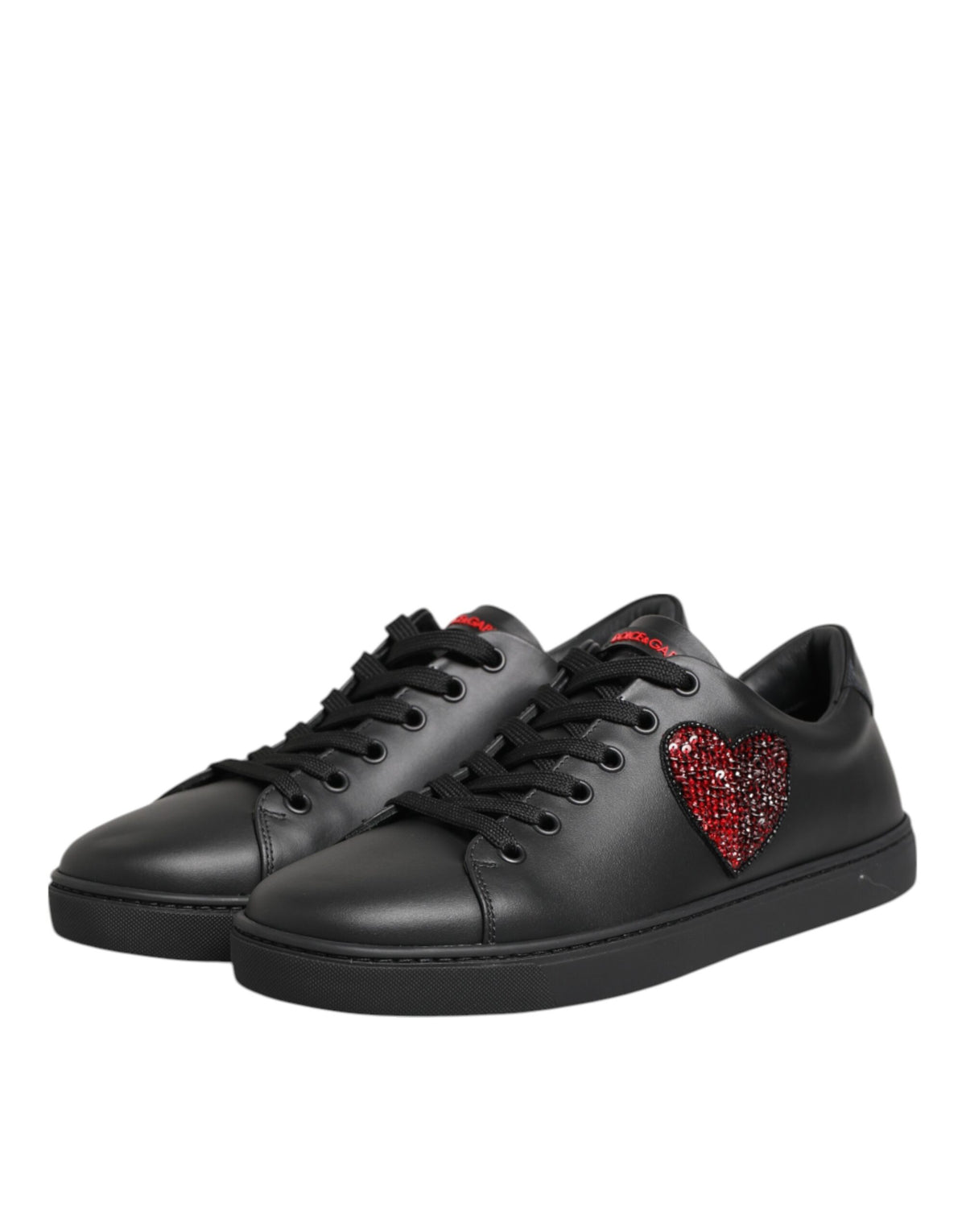 Dolce & Gabbana Black Leather Crystal Heart Low Top Sneakers  Shoes