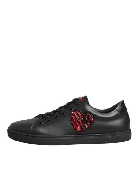 Dolce & Gabbana Black Leather Crystal Heart Low Top Sneakers  Shoes