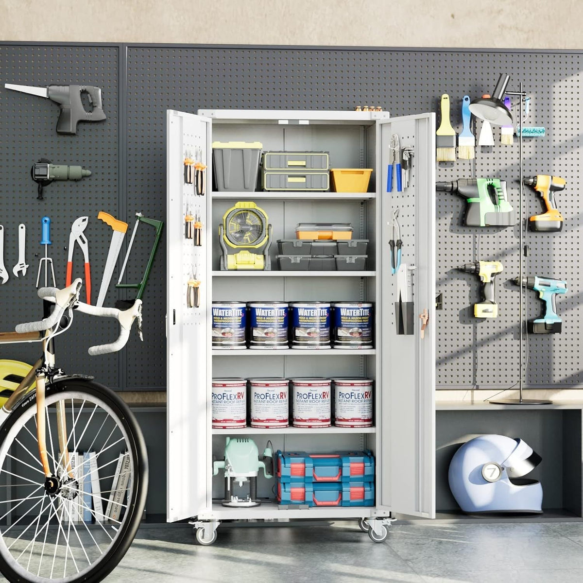 Large Metal Storage Cabinet With Pegboard And Wheels,Lockable Steel Storage Cabinet With 4 Adjustable Shelves, White Metal Cabinet For Garage Home, Office Assembly Required