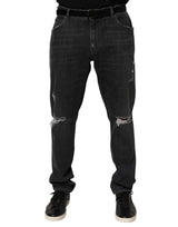 Dolce & Gabbana Black Cotton Slim Fit Distressed Ripped Logo Jeans