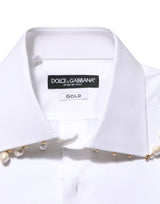 Dolce & Gabbana White Cotton DG Logo Pearl GOLD Formal Shirt