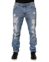 Dolce & Gabbana Blue Tattered Slim Fit Cotton Denim Jeans