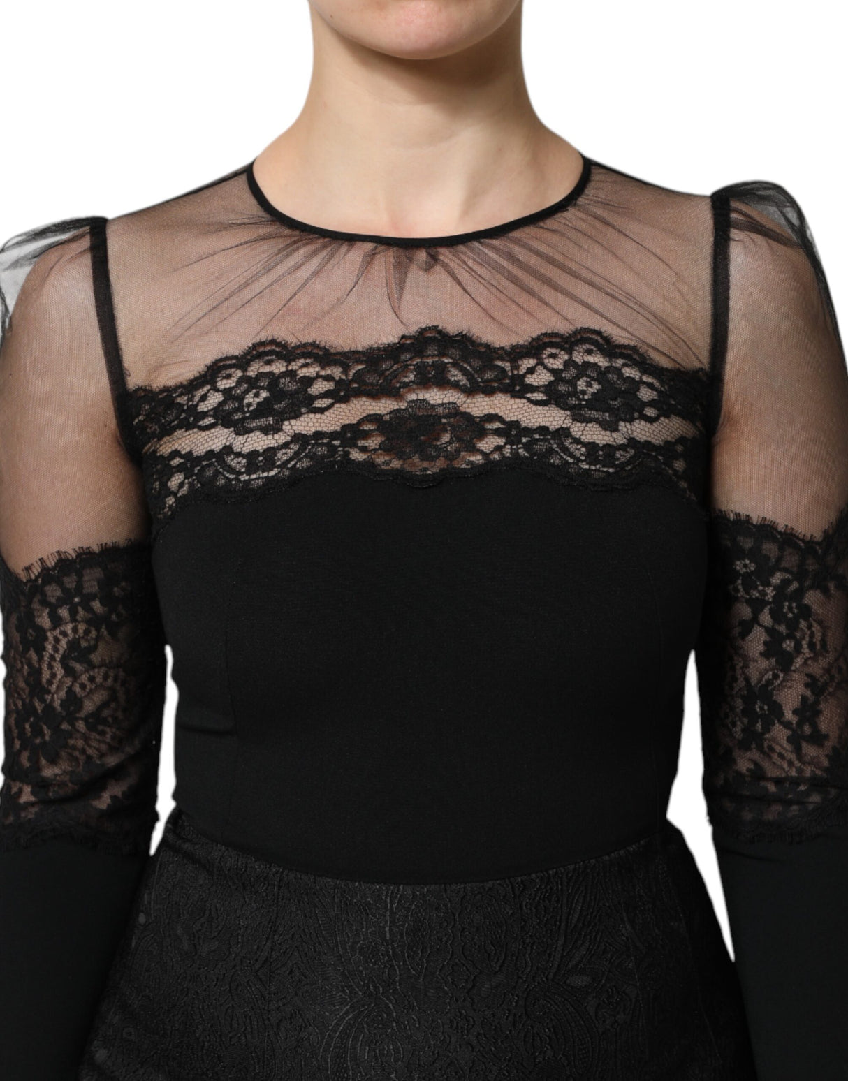 Dolce & Gabbana Black Lace Trim Nylon Tulle SheathMidi Dress