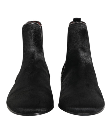 Dolce & Gabbana Black Leather Fur Men CHELSEA Boots Shoes