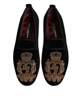 Dolce & Gabbana Black Velvet Gold Crown Mens Loafers Shoes
