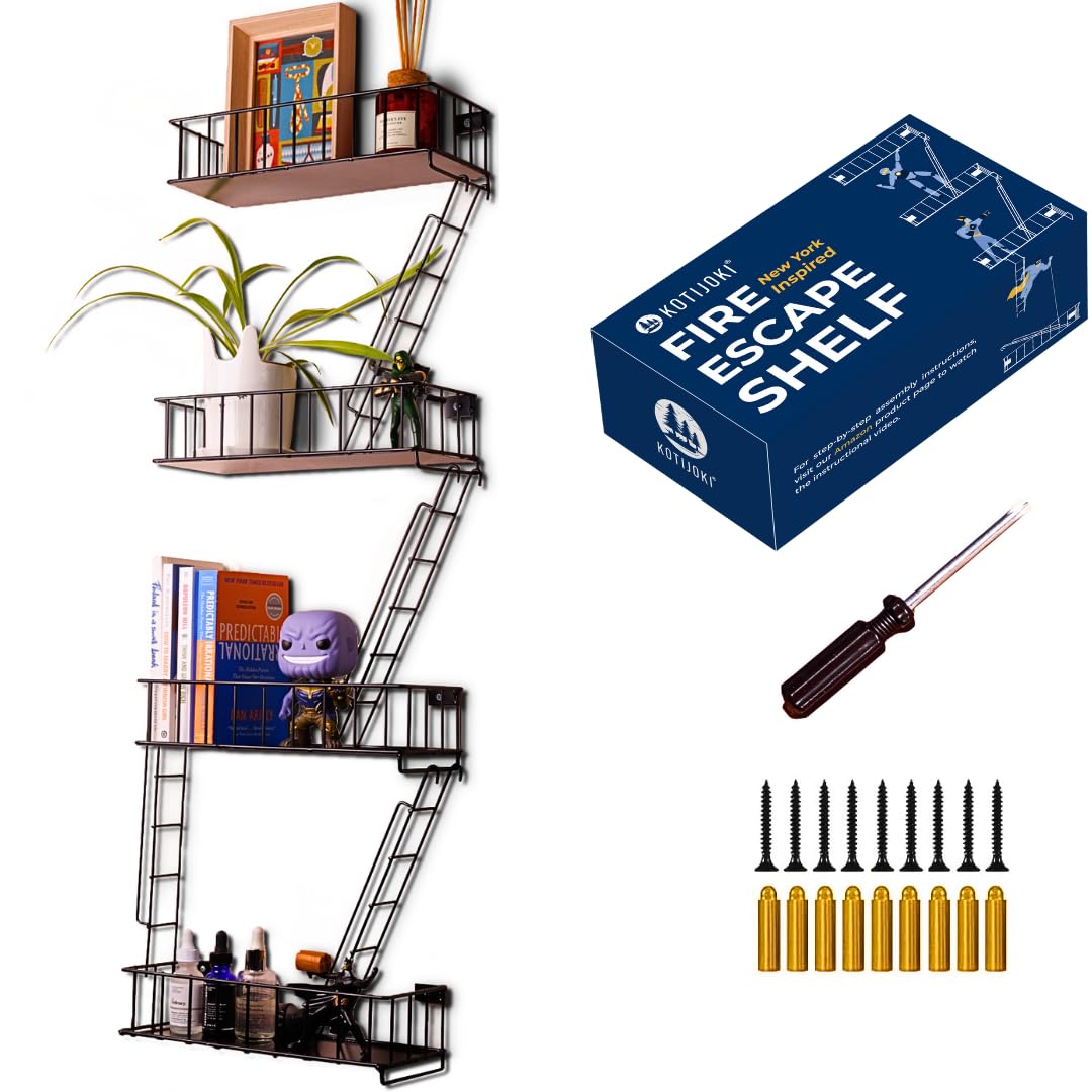 KOTIJOKI Fire Escape Ladder Shelf - New York Inspired 4 Tier Metal Shelf with Screws & Screwdriver for Home Décor Organizer and Action Figure Display