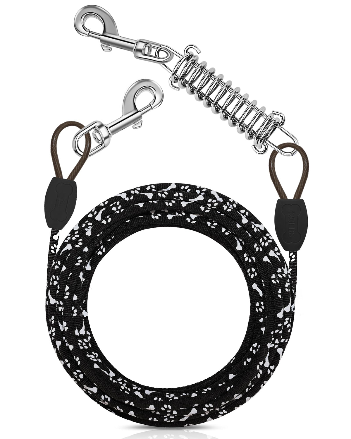 Petbobi 30 ft Dog Tie Out Cable - Reflective Dog Tether for Yard Camping Park - Outdoor Leash with Heavy Duty Buffer Spring - Training Tether for Small Medium Dogs Up to 120 Pounds Paw&Bone
