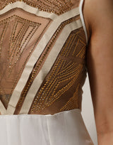Mangano White Beige Mesh Crystal Embellished Sleeveless Jumpsuit
