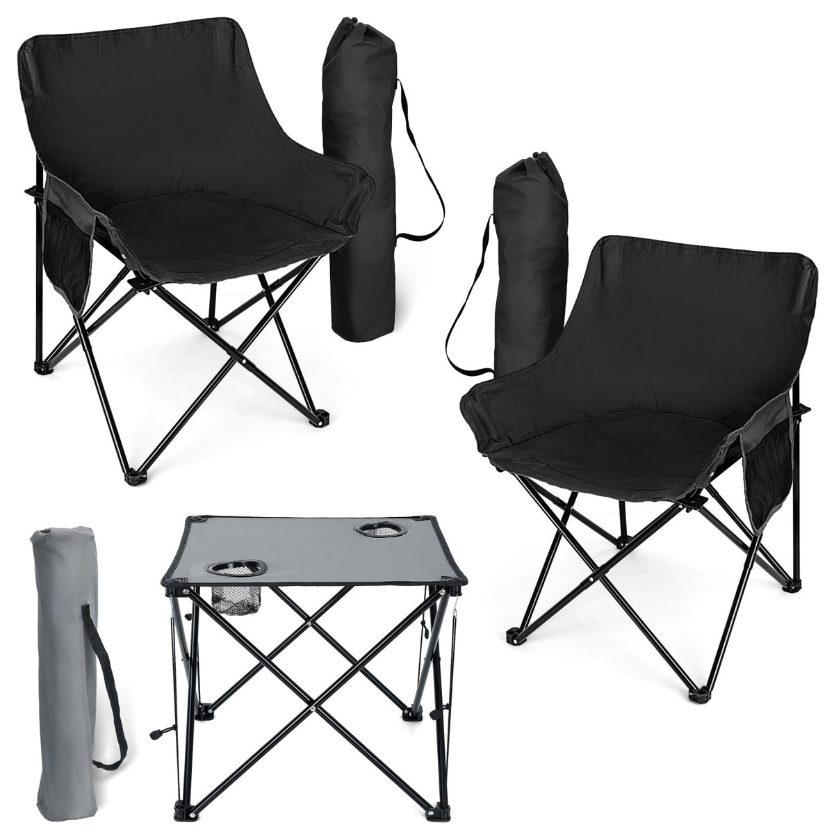 HaSteeL Camping Chairs Set for Adults 2 Black Folding Moon Chairs & 1 Lightweight Camp Table with Side Pockets & Cup Holders Carrying Bags Portable for Outdoor Travel Beach Backyard Fishing Hiking