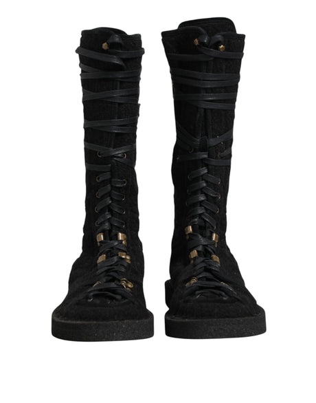 Dolce & Gabbana Black Alpaca Wool Suede Mid Calf Boots Shoes