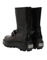Dolce & Gabbana Black Logo Plaque Mid Calf Biker Boots Shoes