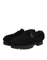 Dolce & Gabbana Dress Black Fur Leather Slippers Men Shoes